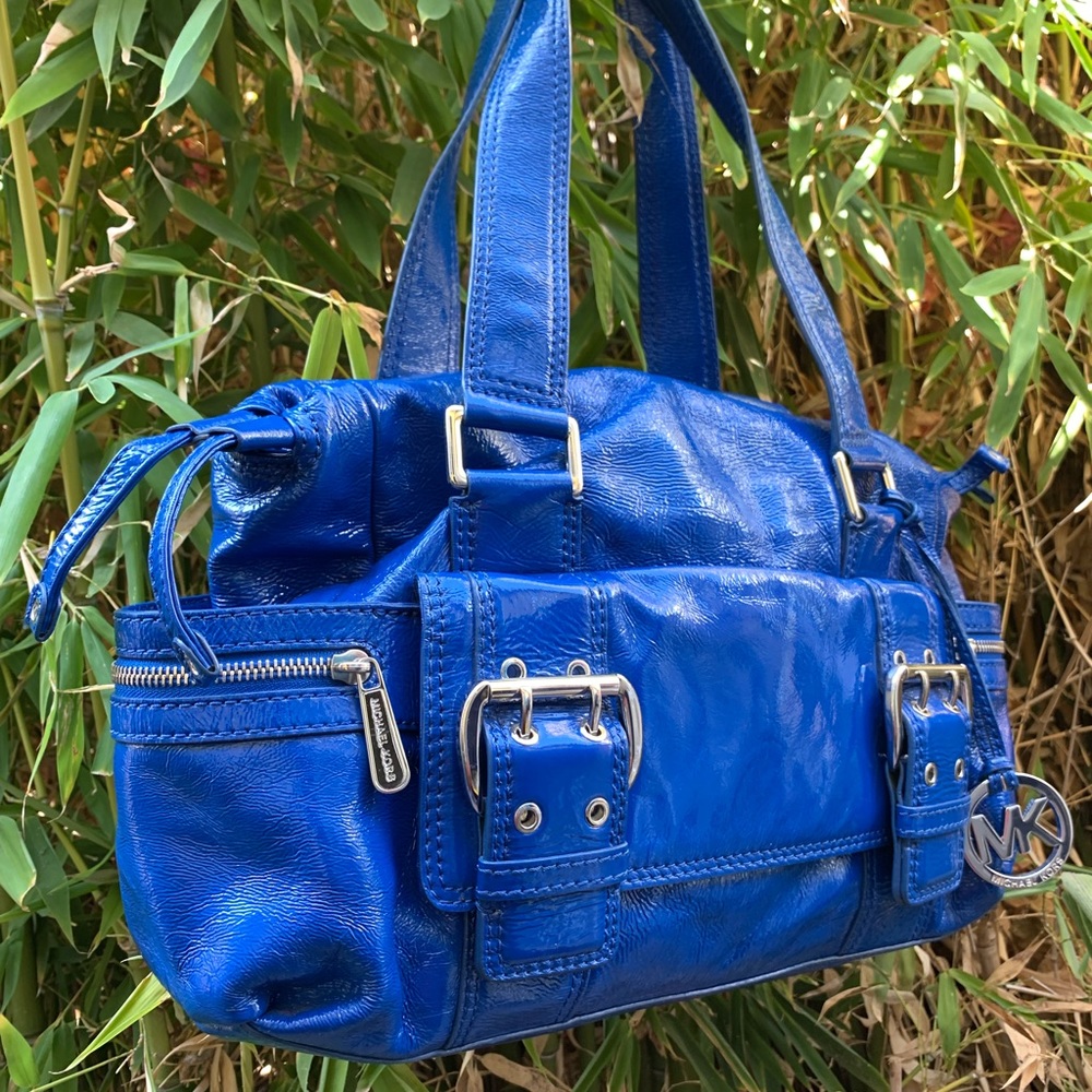 MICHAEL KORS blue patent leather satchel bag purse tote
